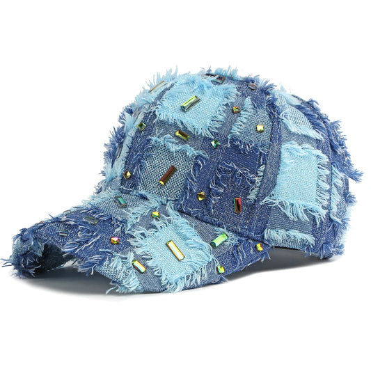 Distressed Checkered Fringed Denim Baseball Cap
