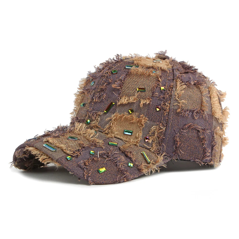 Distressed Checkered Fringed Denim Baseball Cap
