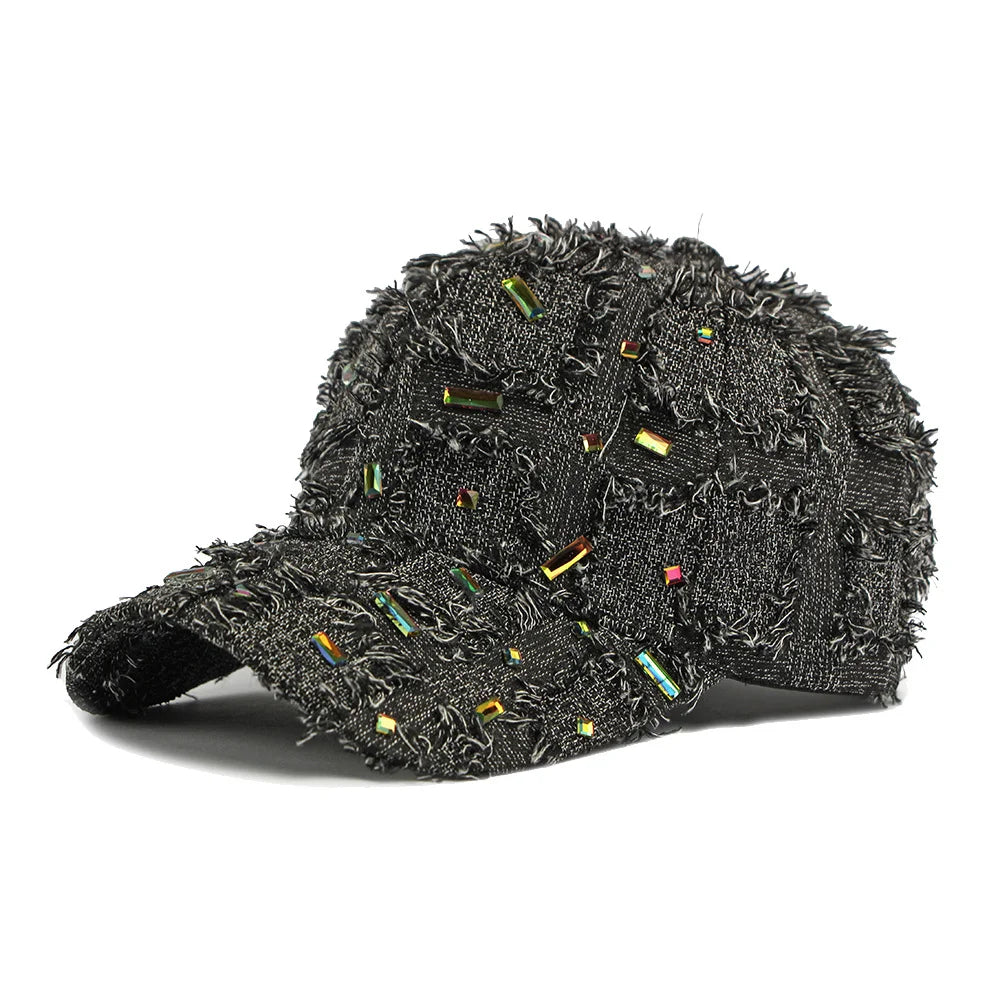 Distressed Checkered Fringed Denim Baseball Cap