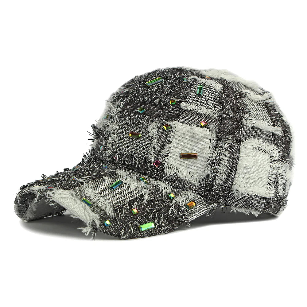 Distressed Checkered Fringed Denim Baseball Cap