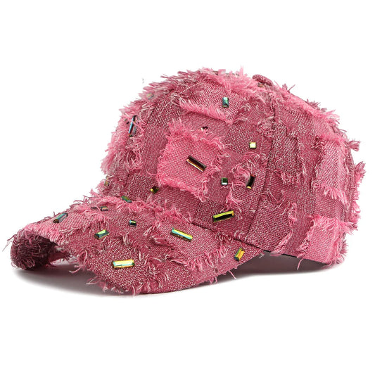 Distressed Checkered Fringed Denim Baseball Cap
